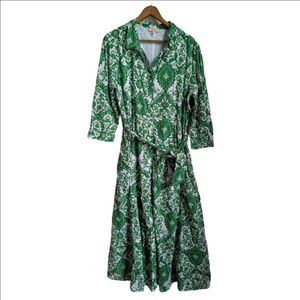 GOA Green & White Floral Bohemian Cotton Button Front Maxi Dress Size Large